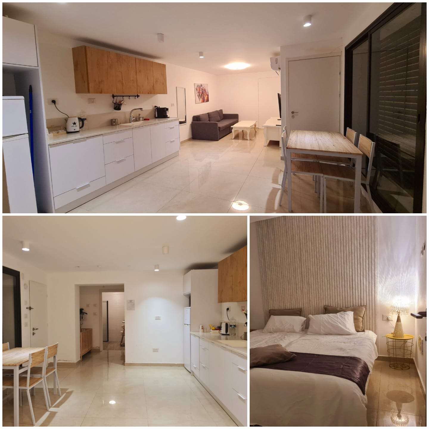 קולאז' של יחידת האירוח בשדרות המציג מטבח מודרני לבן, סלון מרווח, פינת אוכל וחדר שינה נעים