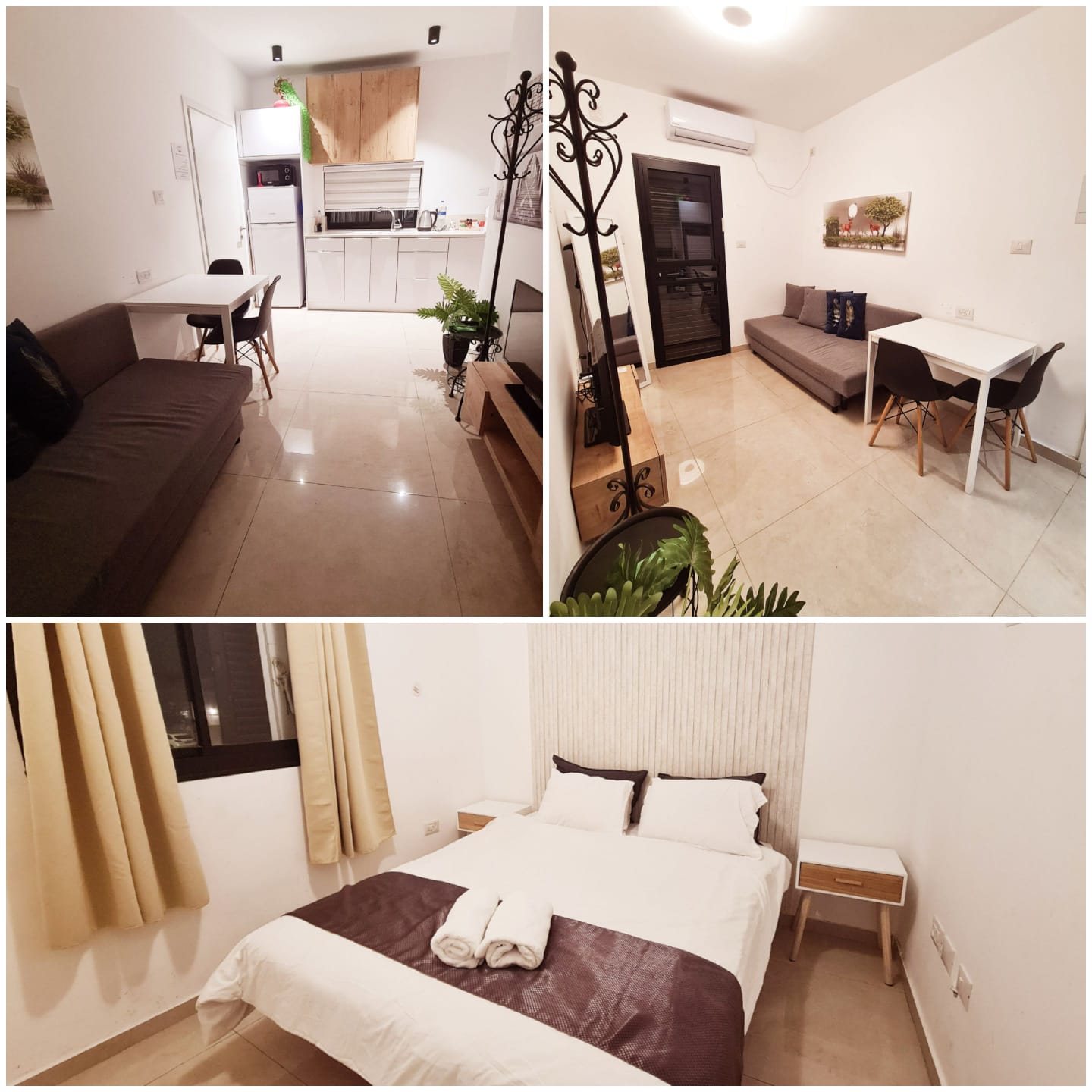 קולאז' של הסוויטה השנייה המציג חלל אירוח פתוח עם ספה, מטבחון מאובזר וחדר שינה מואר